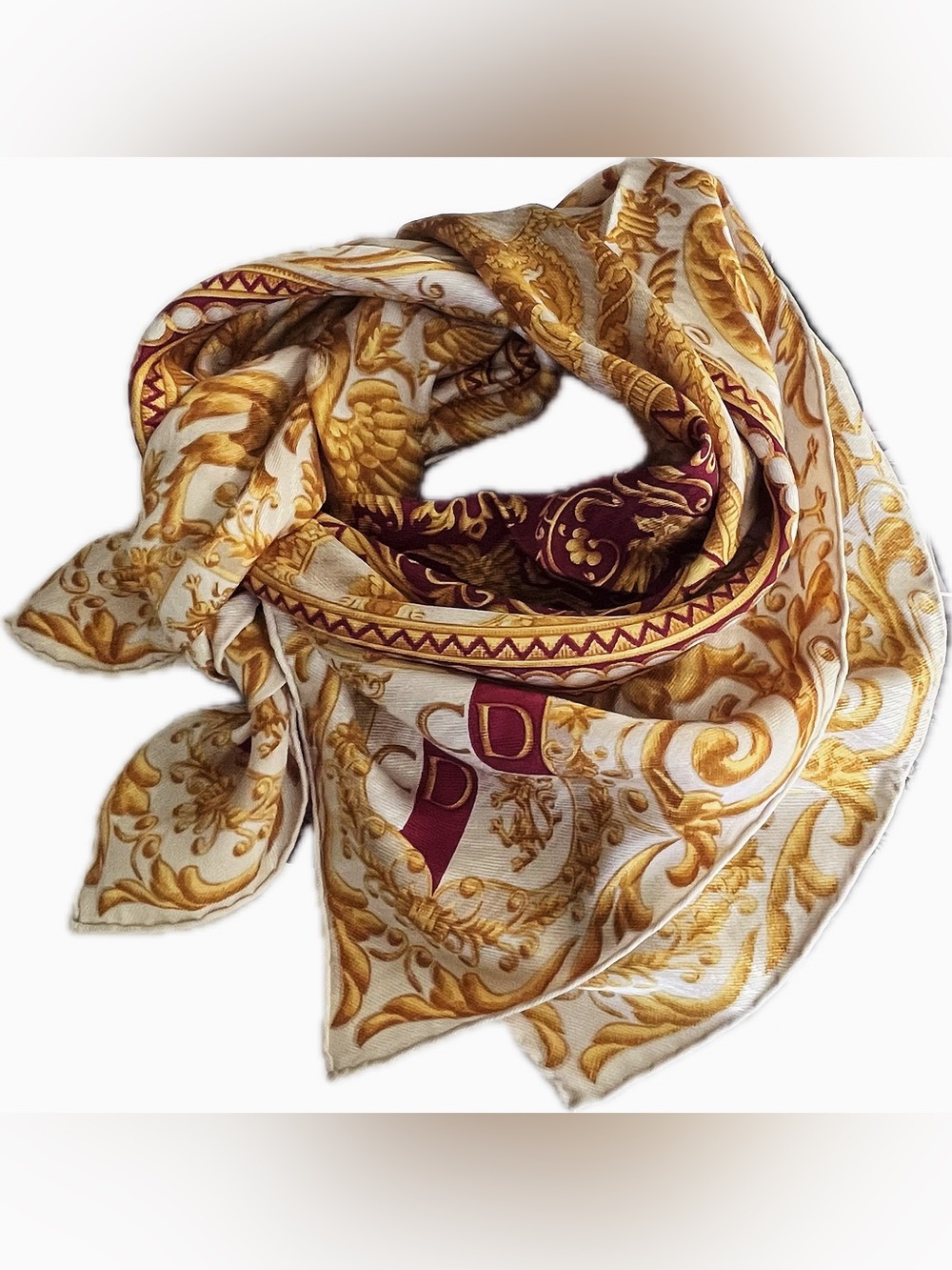 Dior Gold and Burgundy Medallion Silk Scarf